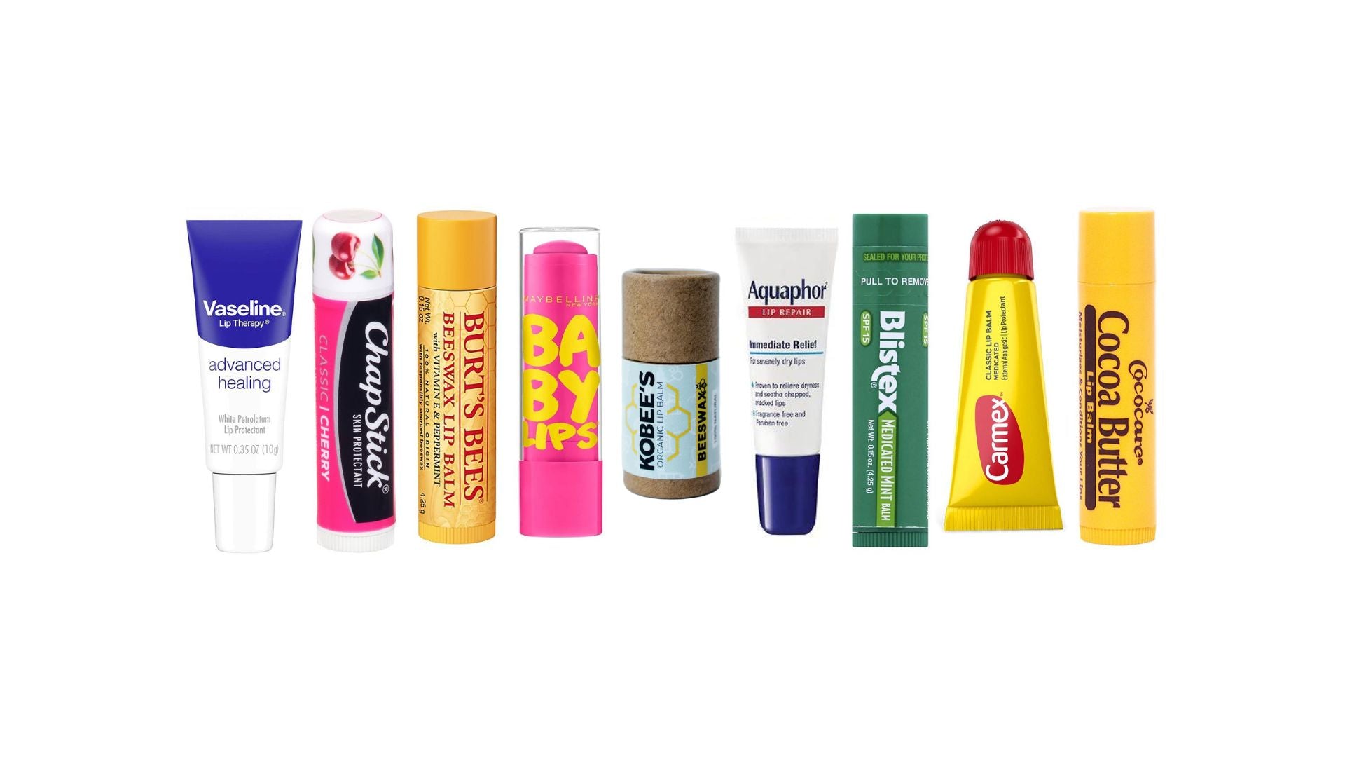 A collection of popular lip balm brands including: Vaseline, ChapStick, Burt's Bees, Baby Lips, Kobee's, Aquaphor, Blistex, Carmex, and Cococare